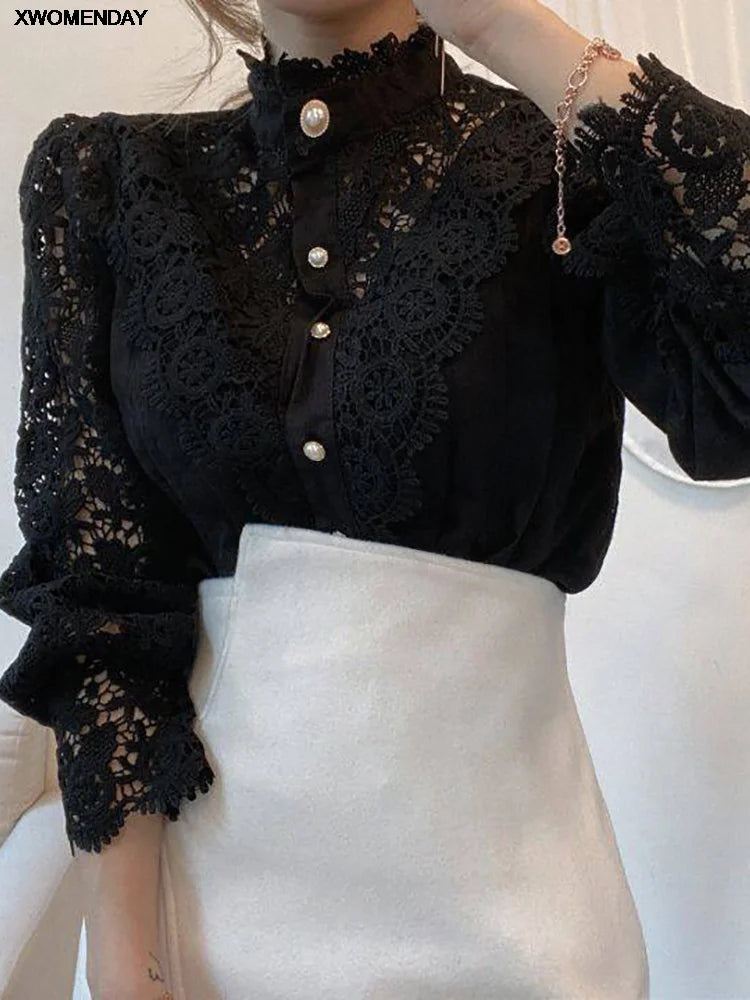 Women Chiffon Button Turtleneck Shirt Chic Elegant Floral Lace Fluffy Long Sleeve Top Fashion Hollow Oversize White Blouse 2024